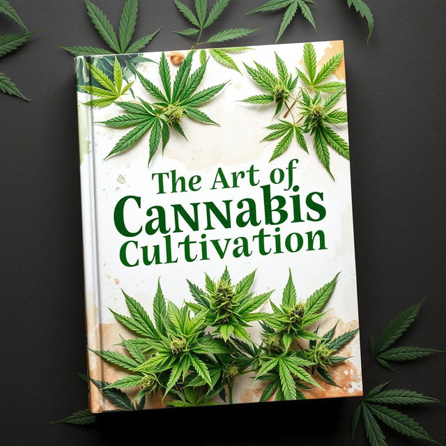 A captivating book cover design for 'The Art of Cannabis Cultivation', featuring lush green cannabis plants in various stages of growth, beautifully arranged against a soft, natural background