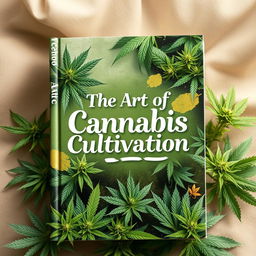 A captivating book cover design for 'The Art of Cannabis Cultivation', featuring lush green cannabis plants in various stages of growth, beautifully arranged against a soft, natural background