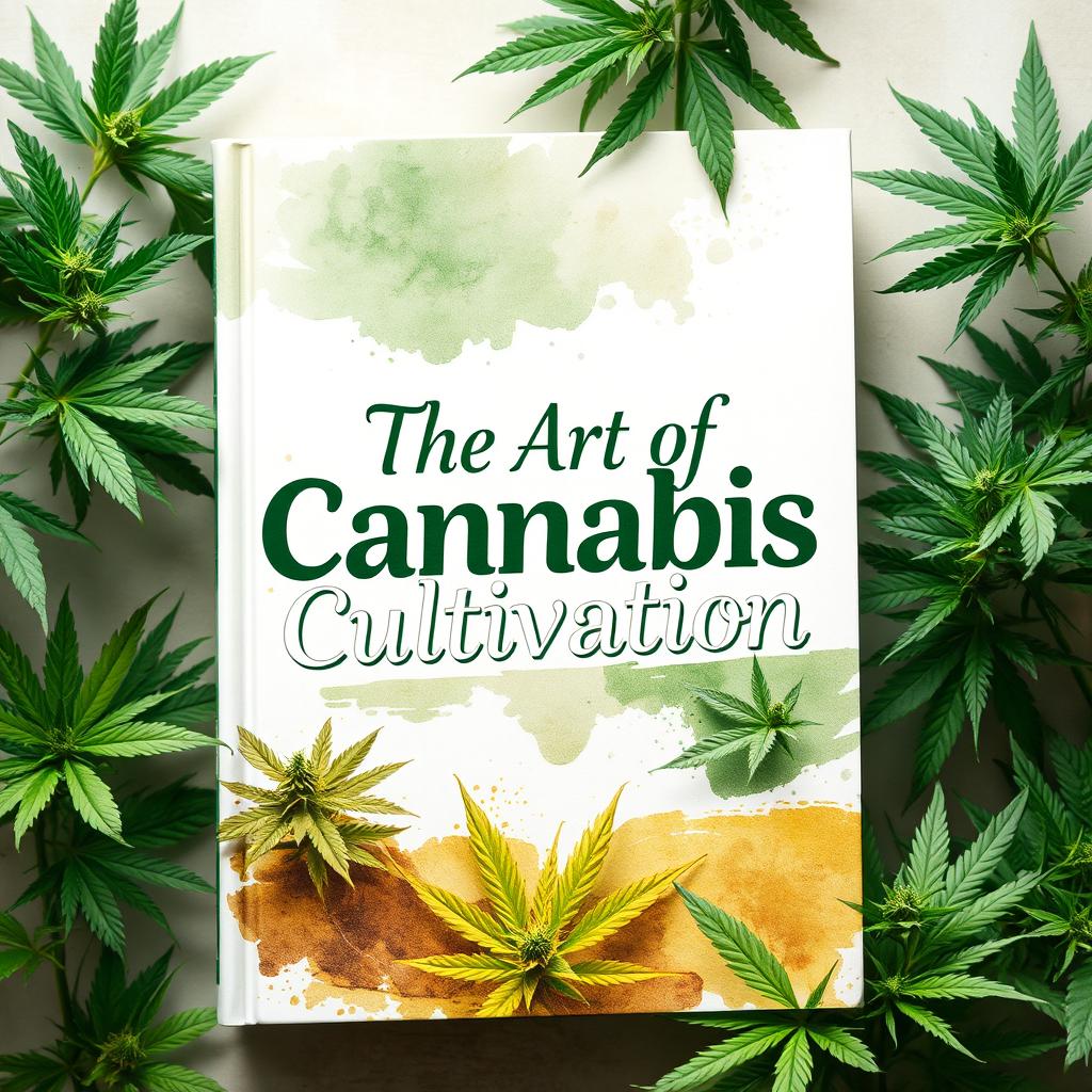 A captivating book cover design for 'The Art of Cannabis Cultivation', featuring lush green cannabis plants in various stages of growth, beautifully arranged against a soft, natural background