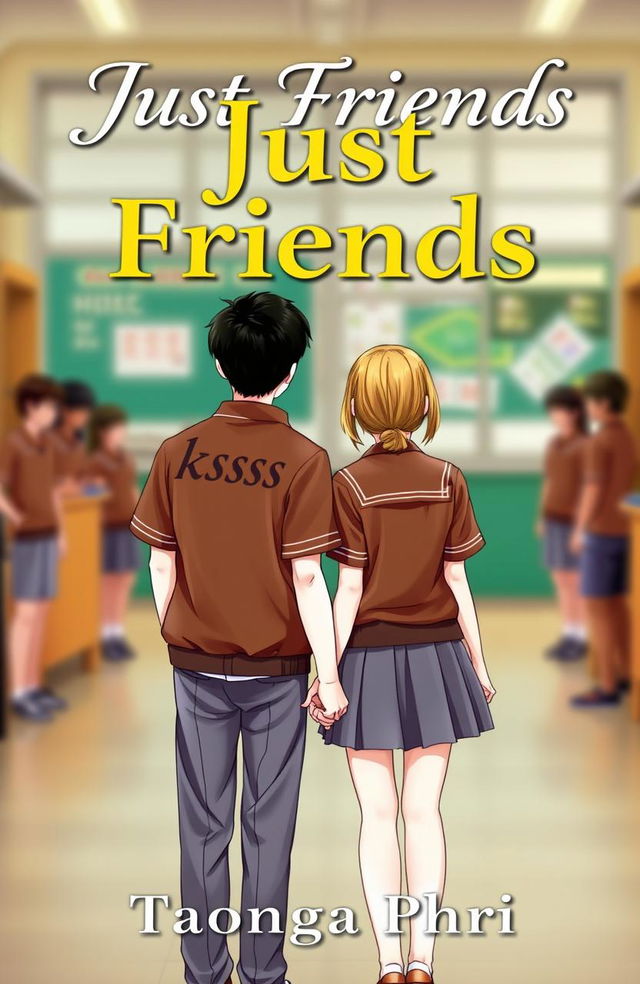 A book cover titled 'Just Friends' featuring the back view of a male and female character