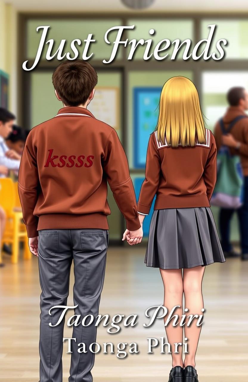 A book cover titled 'Just Friends' featuring the back view of a male and female character