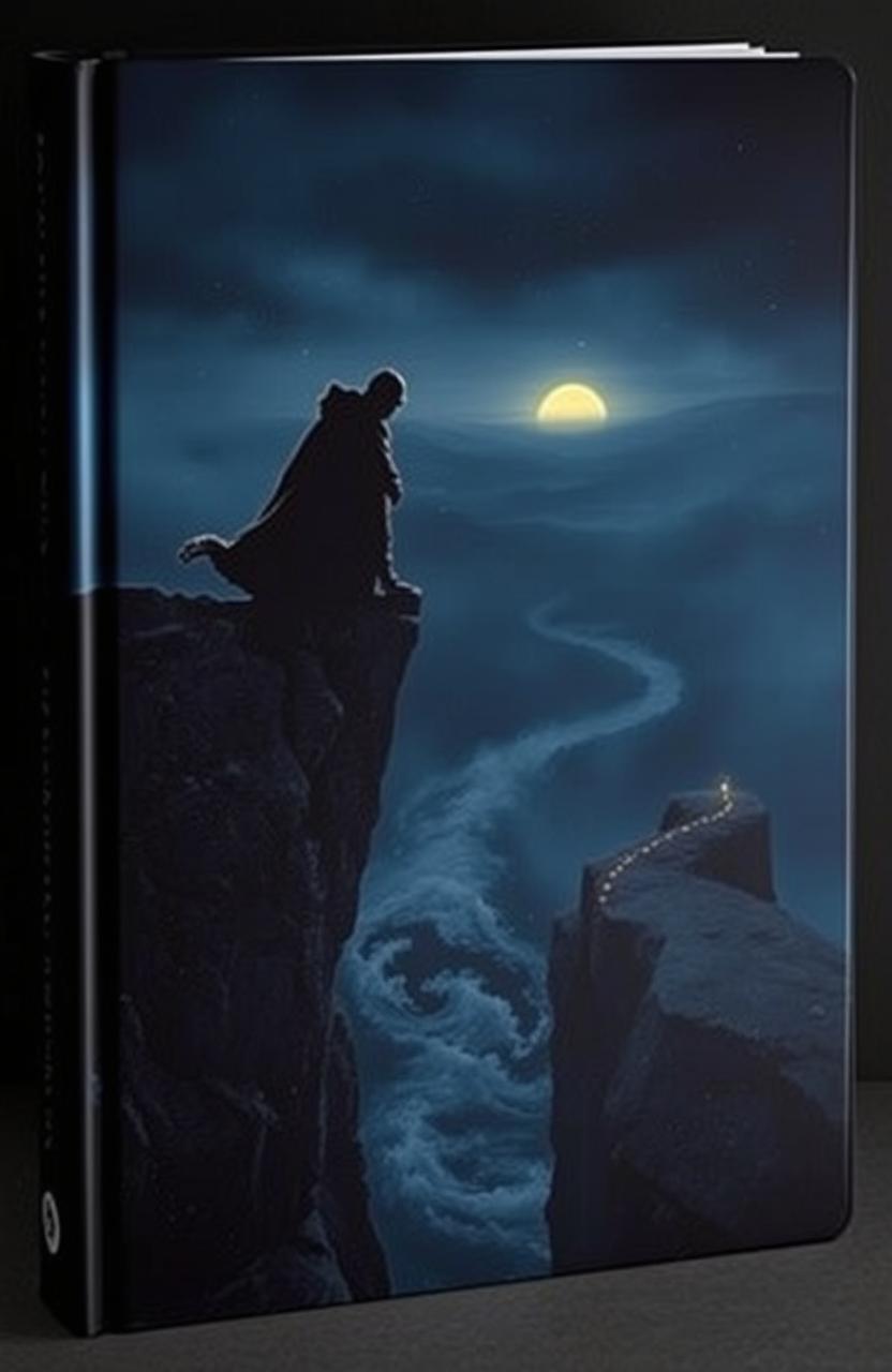 A captivating book cover depicting a dark, shadowy figure standing at the edge of a cliff, gazing down into a swirling abyss below