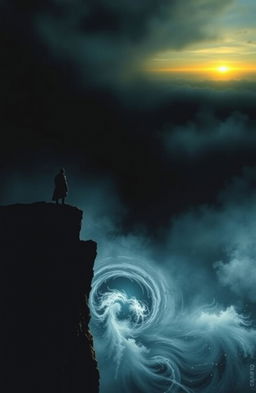 A captivating book cover depicting a dark, shadowy figure standing at the edge of a cliff, gazing down into a swirling abyss below