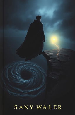 A captivating book cover depicting a dark, shadowy figure standing at the edge of a cliff, gazing down into a swirling abyss below
