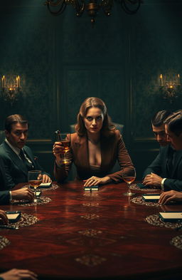 A powerful female mafia leader sitting confidently at a large, ornate dining table, surrounded by her male mafia members who are dressed in sharp suits