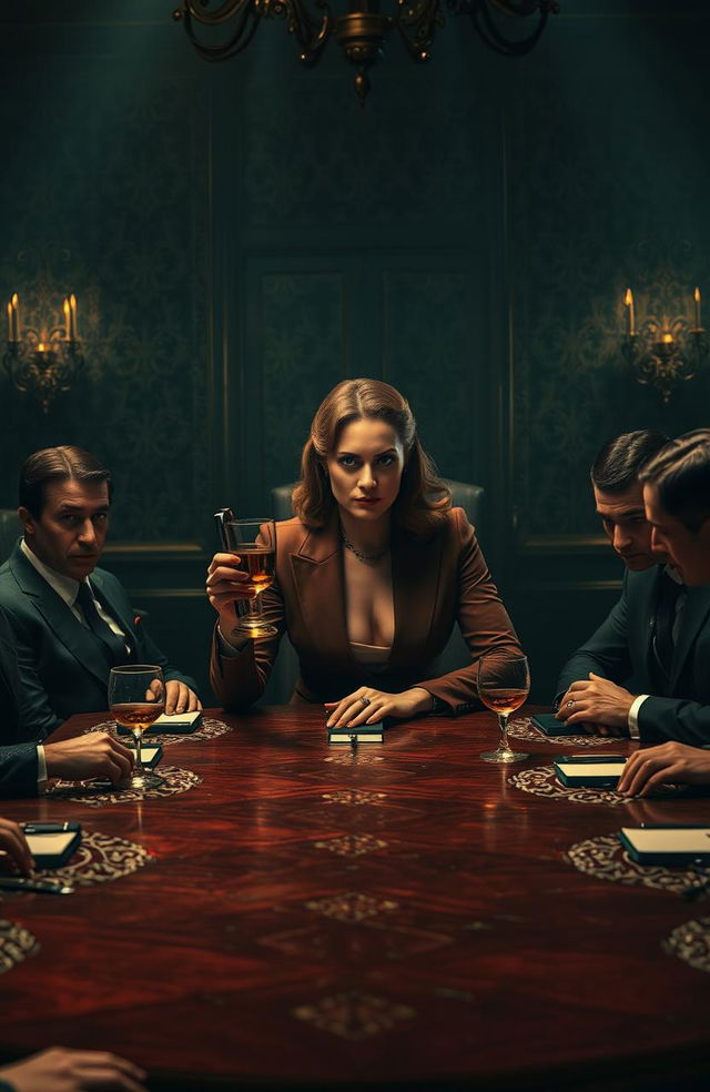 A powerful female mafia leader sitting confidently at a large, ornate dining table, surrounded by her male mafia members who are dressed in sharp suits