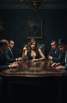 A powerful female mafia leader sitting confidently at a large, ornate dining table, surrounded by her male mafia members who are dressed in sharp suits