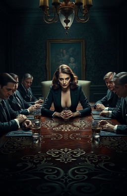 A powerful female mafia leader sitting confidently at a large, ornate dining table, surrounded by her male mafia members who are dressed in sharp suits