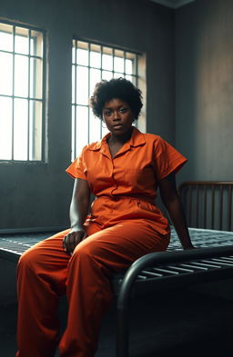 A powerful image of a black woman in a styled prison cell, wearing an orange prison jumpsuit, sitting on a metal bed with a contemplative expression