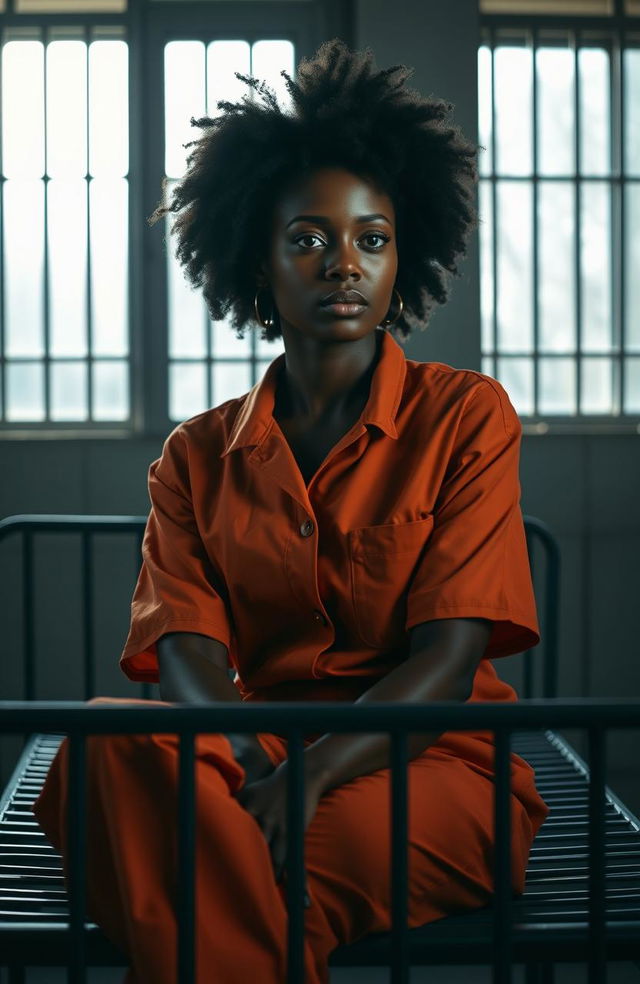 A powerful image of a black woman in a styled prison cell, wearing an orange prison jumpsuit, sitting on a metal bed with a contemplative expression