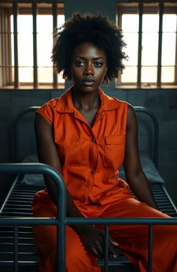 A powerful image of a black woman in a styled prison cell, wearing an orange prison jumpsuit, sitting on a metal bed with a contemplative expression