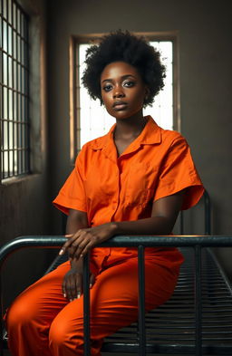 A powerful image of a black woman in a styled prison cell, wearing an orange prison jumpsuit, sitting on a metal bed with a contemplative expression