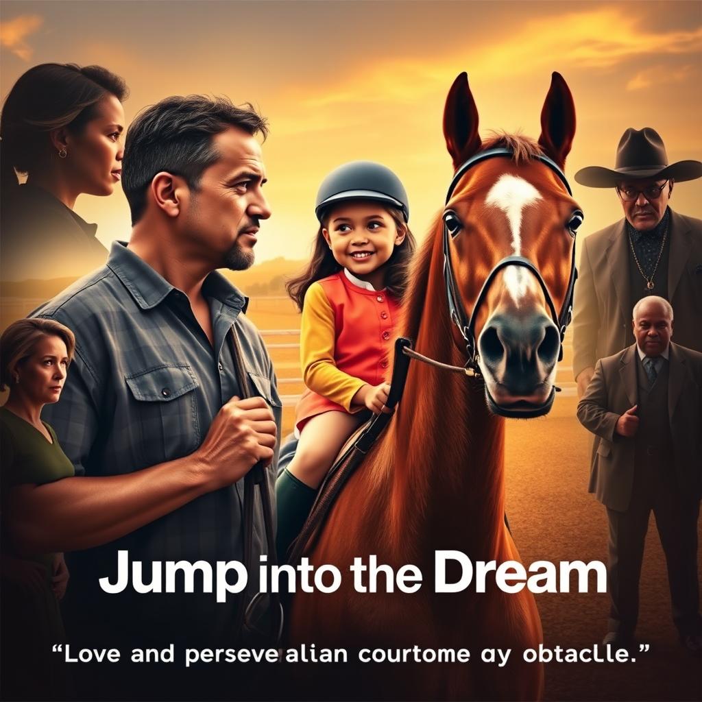 A movie poster featuring a determined-looking father holding the reins of a beautiful horse, gazing at his daughter with a mix of love and determination