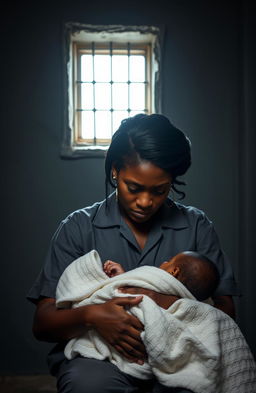 A solemn image of a Black woman sitting in a dimly lit prison cell, her expression is filled with sorrow and loss