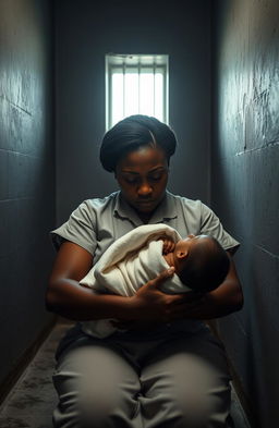 A solemn image of a Black woman sitting in a dimly lit prison cell, her expression is filled with sorrow and loss