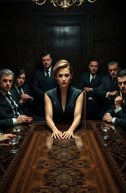 A female mafia boss confidently seated at a large, ornate dining table, dressed in an elegant black dress with a sharp look, radiating power and authority