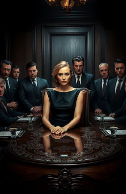 A female mafia boss confidently seated at a large, ornate dining table, dressed in an elegant black dress with a sharp look, radiating power and authority