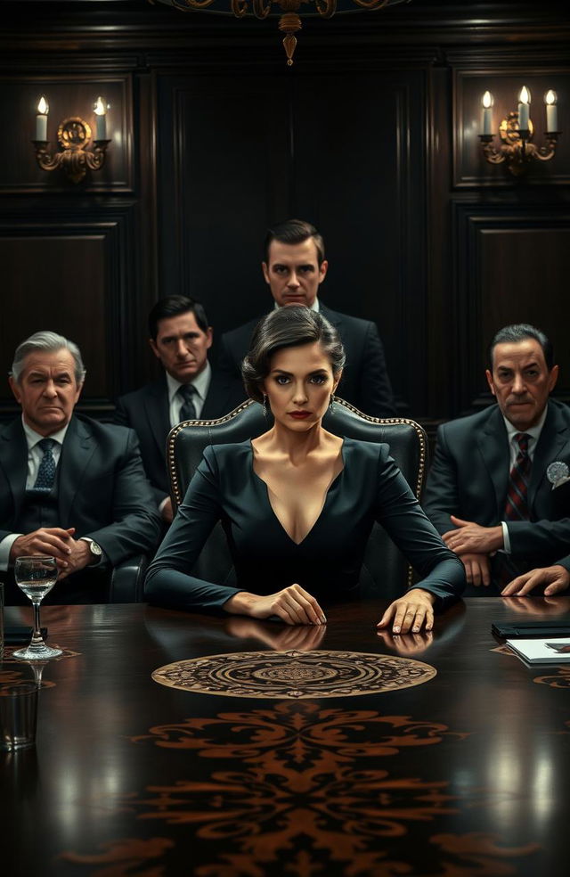 A female mafia boss confidently seated at a large, ornate dining table, dressed in an elegant black dress with a sharp look, radiating power and authority