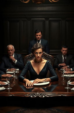 A female mafia boss confidently seated at a large, ornate dining table, dressed in an elegant black dress with a sharp look, radiating power and authority