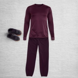 Casual, long sports attire for an adult male, featuring comfort-fit sports trousers, a lightweight long-sleeved top, and a pair of casual sports shoes.