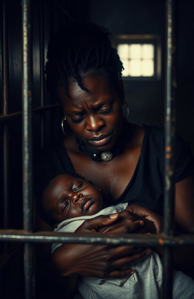 A poignant scene capturing a sorrowful black woman in a prison cell