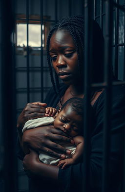 A poignant scene capturing a sorrowful black woman in a prison cell