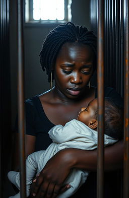 A poignant scene capturing a sorrowful black woman in a prison cell