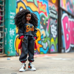 A stunning black Barbie doll with beautifully coiled and voluminous natural hair, dressed in oversized streetwear fashion