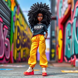 A stunning black Barbie doll with beautifully coiled and voluminous natural hair, dressed in oversized streetwear fashion