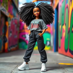 A stunning black Barbie doll with beautifully coiled and voluminous natural hair, dressed in oversized streetwear fashion