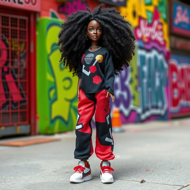 A stunning black Barbie doll with beautifully coiled and voluminous natural hair, dressed in oversized streetwear fashion