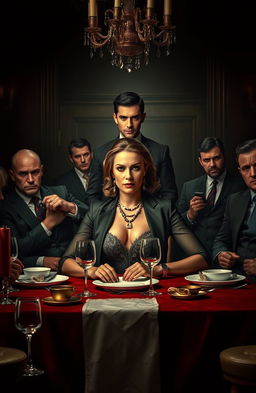 A powerful female mafia leader sitting confidently at a lavish dining table, adorned with elegant tableware