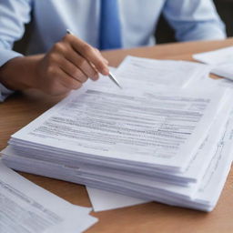 A tax professional diligently processing a stack of tax applications on their desk.