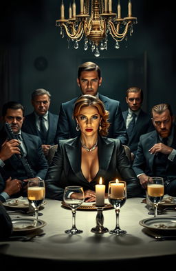 A powerful female mafia leader sitting confidently at a lavish dining table, adorned with elegant tableware