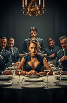 A powerful female mafia leader sitting confidently at a lavish dining table, adorned with elegant tableware