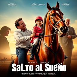 A movie poster featuring a determined-looking father, portrayed by Bradley Cooper, holding the reins of a beautiful horse