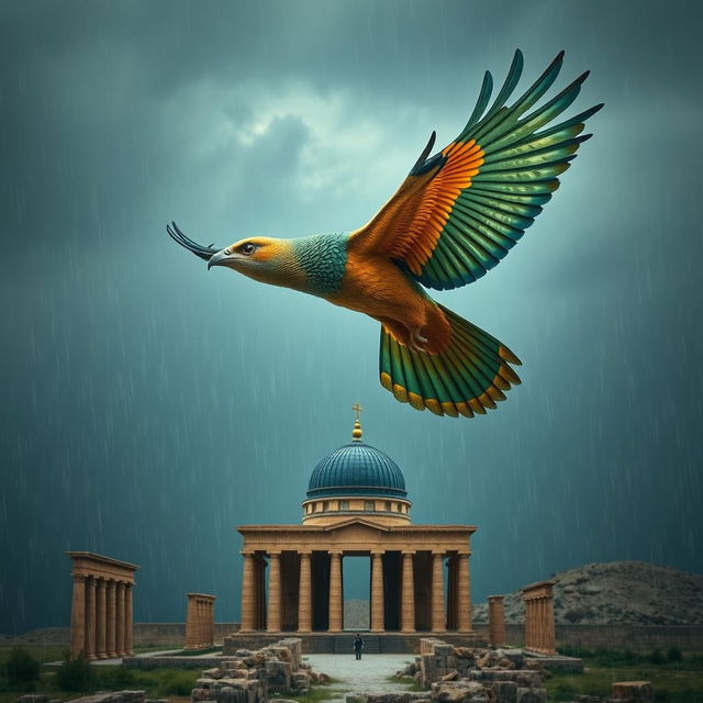 A magnificent Simorgh, a mythical Persian bird, soaring majestically through a rainy sky, its feathers shimmering in rich hues of green, blue, and gold