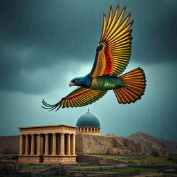 A magnificent Simorgh, a mythical Persian bird, soaring majestically through a rainy sky, its feathers shimmering in rich hues of green, blue, and gold