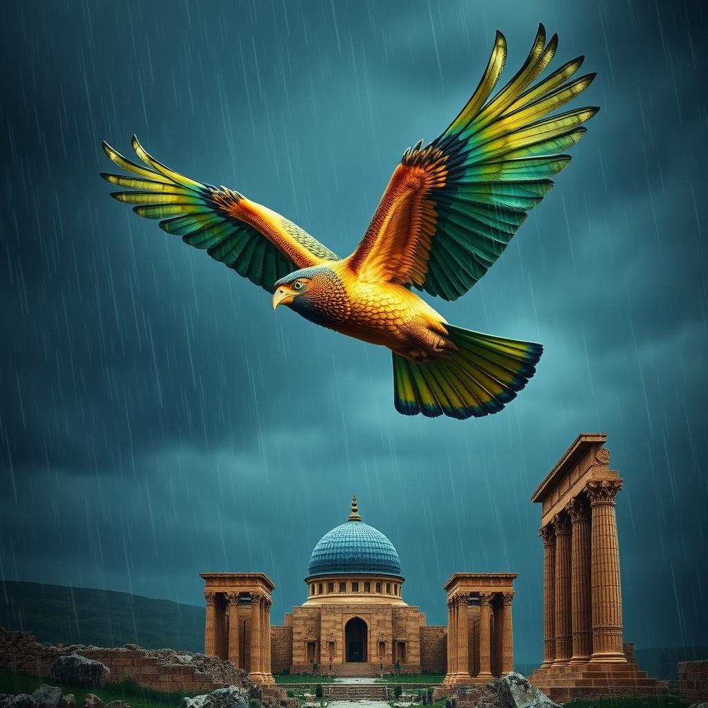 A magnificent Simorgh, a mythical Persian bird, soaring majestically through a rainy sky, its feathers shimmering in rich hues of green, blue, and gold