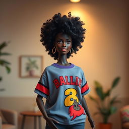 A beautiful matte-skinned Barbie doll with voluminous, textured natural hair styled in exquisite curls, wearing an oversized jersey t-shirt