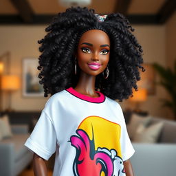A beautiful matte-skinned Barbie doll with voluminous, textured natural hair styled in exquisite curls, wearing an oversized jersey t-shirt