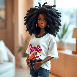 A beautiful matte-skinned Barbie doll with voluminous, textured natural hair styled in exquisite curls, wearing an oversized jersey t-shirt