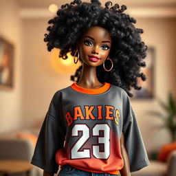 A beautiful matte-skinned Barbie doll with voluminous, textured natural hair styled in exquisite curls, wearing an oversized jersey t-shirt