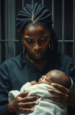 A heart-wrenching scene depicting a black woman in a sorrowful expression, tears streaming down her face as she holds her deceased child in a prison environment