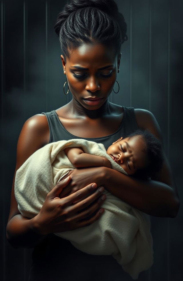 A heart-wrenching scene depicting a black woman in a sorrowful expression, tears streaming down her face as she holds her deceased child in a prison environment