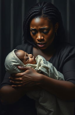 A heart-wrenching scene depicting a black woman in a sorrowful expression, tears streaming down her face as she holds her deceased child in a prison environment