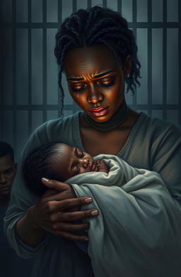 A heart-wrenching scene depicting a black woman in a sorrowful expression, tears streaming down her face as she holds her deceased child in a prison environment