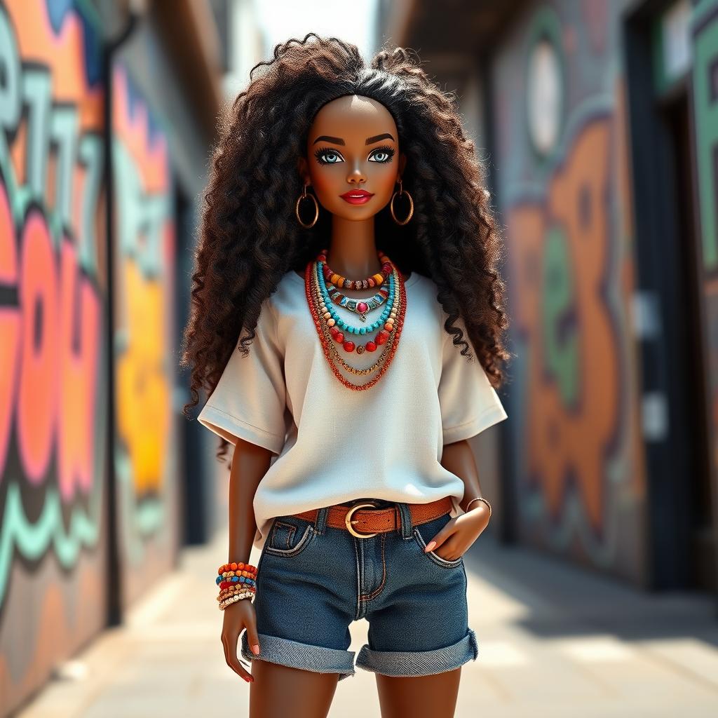 A gorgeous matte-skinned Barbie doll with long, voluminous, textured natural hair styled in beautiful curls