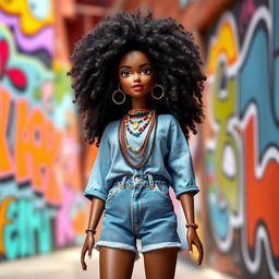 A gorgeous matte-skinned Barbie doll with long, voluminous, textured natural hair styled in beautiful curls