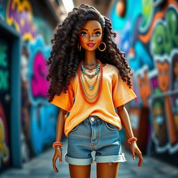 A gorgeous matte-skinned Barbie doll with long, voluminous, textured natural hair styled in beautiful curls